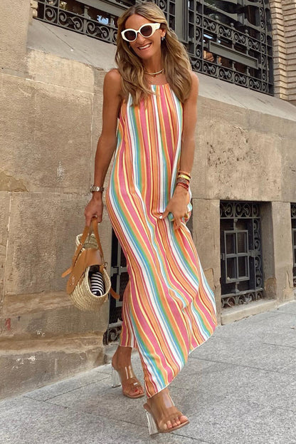 Bohemian Striped Print Sleeveless Holiday Maxi Dress