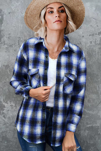 Plaid  Loose Blouse With Turndown Collar