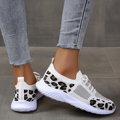 White Leopard Print Lace-up Sneakers