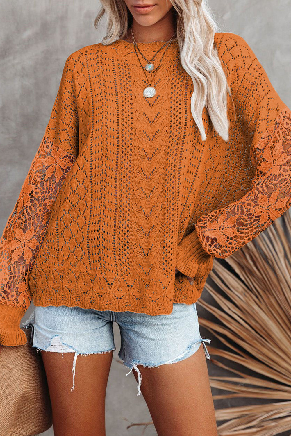 Crochet Lace Pointelle Knit Sweater