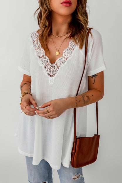 Lace Crochet Waffle Knit Ruffled V Neck Top