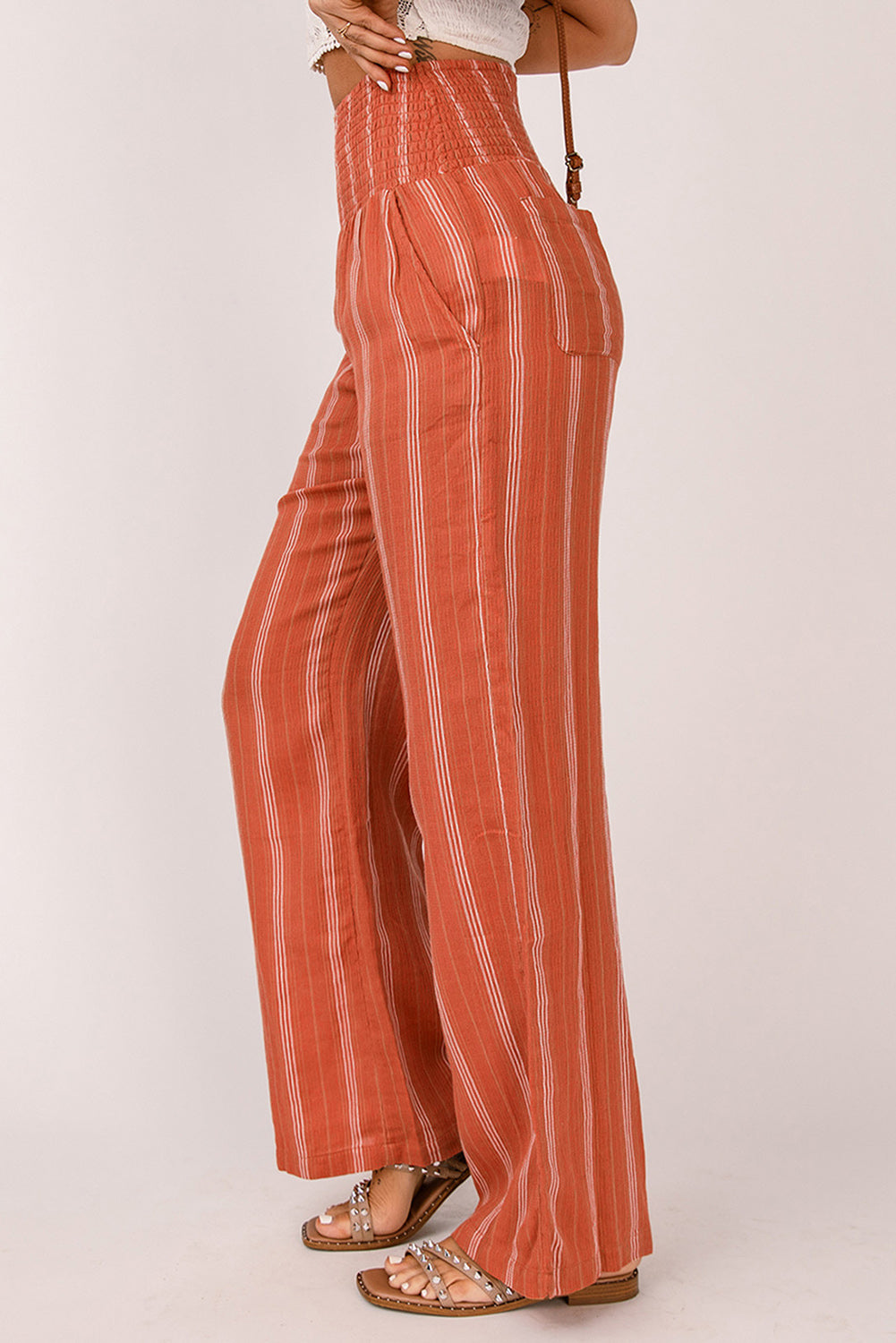 Striped Shirred High Waist Straight Leg Pants