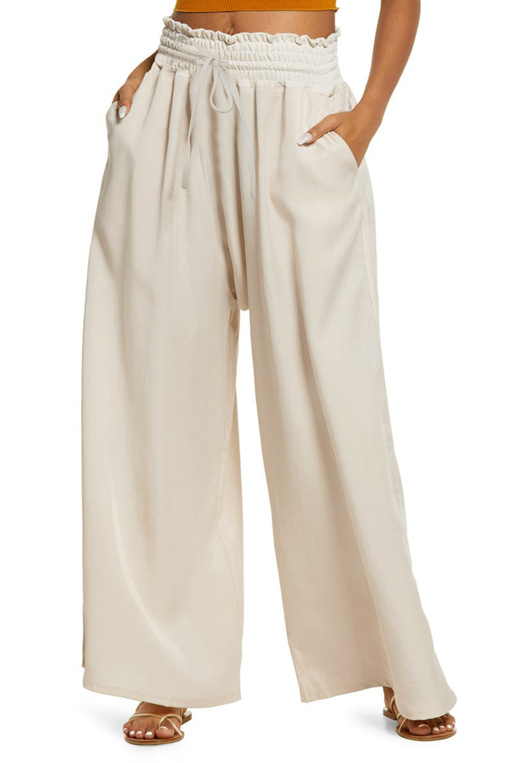 Beige Smocked High Waist Wide Leg Pants