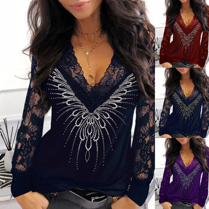 Lace Printed V-neck Patchwork Long-sleeved Blouse