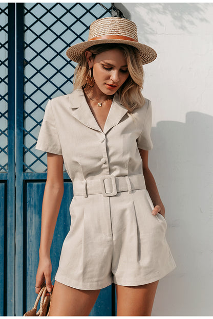 One-piece Short-sleeved Suit With Collar And Belt Short Romper