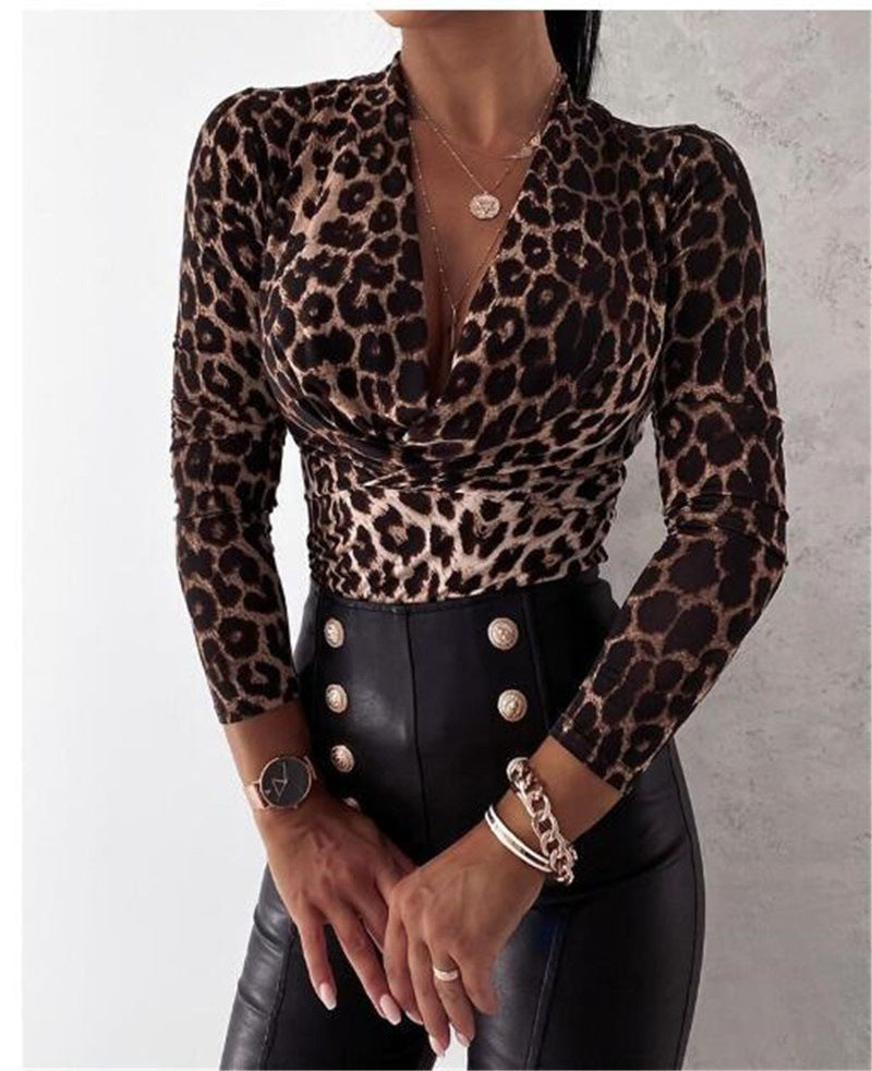 Sexy Long Sleeve V-neck Leopard Print Ladies Blouse