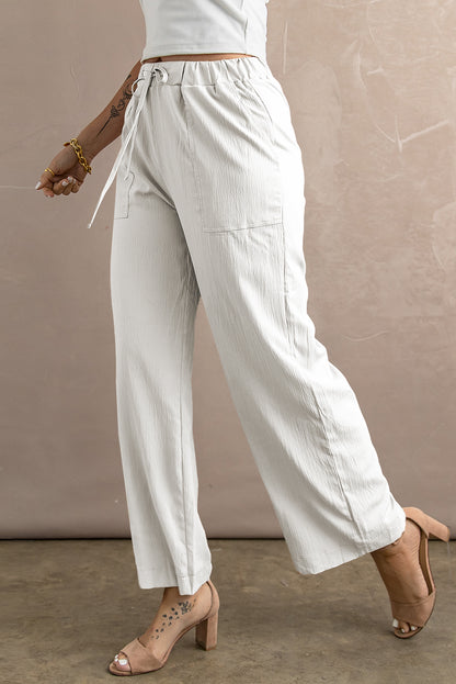 Khaki Drawstring Waist Crinkled Wide Leg Pants