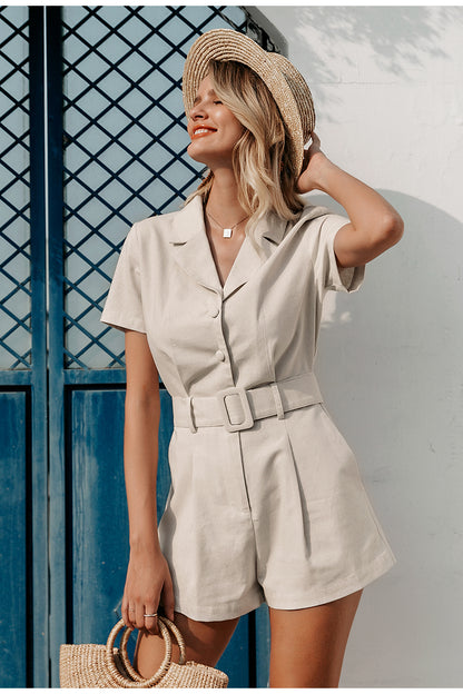 One-piece Short-sleeved Suit With Collar And Belt Short Romper