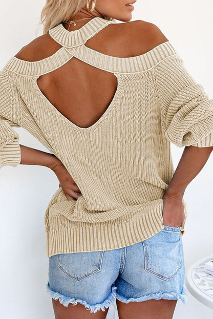 Women's Winter Casual Loose Long Sleeve Solid Color Halter Neck Backless Cross Belt Cold Shoulder Ribbed Knit Swea