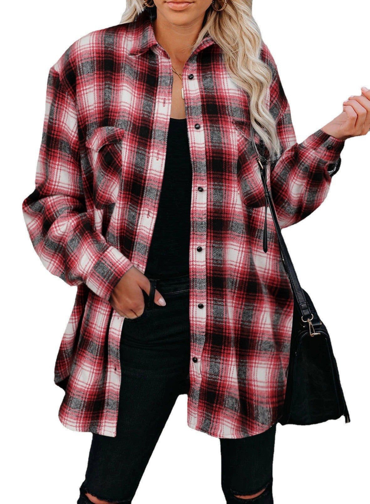 Plaid  Loose Blouse With Turndown Collar