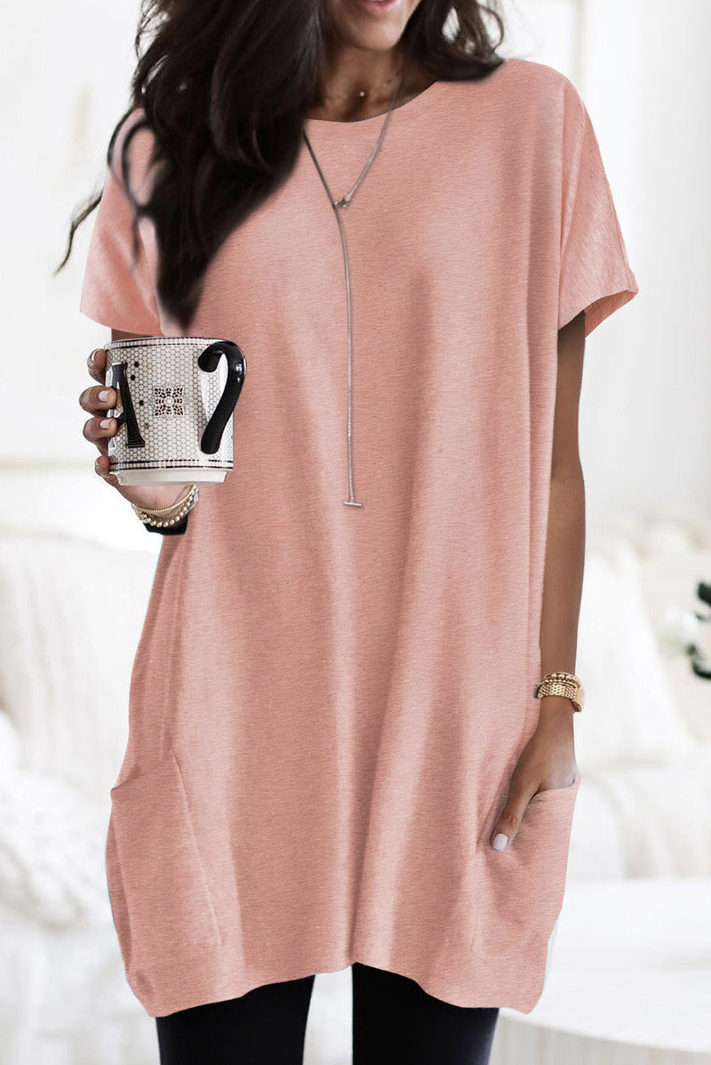 Side Pockets Short Sleeve Tunic Top