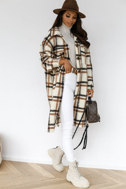 Button Lapel Casual Warm Plaid Long Woollen Shacket