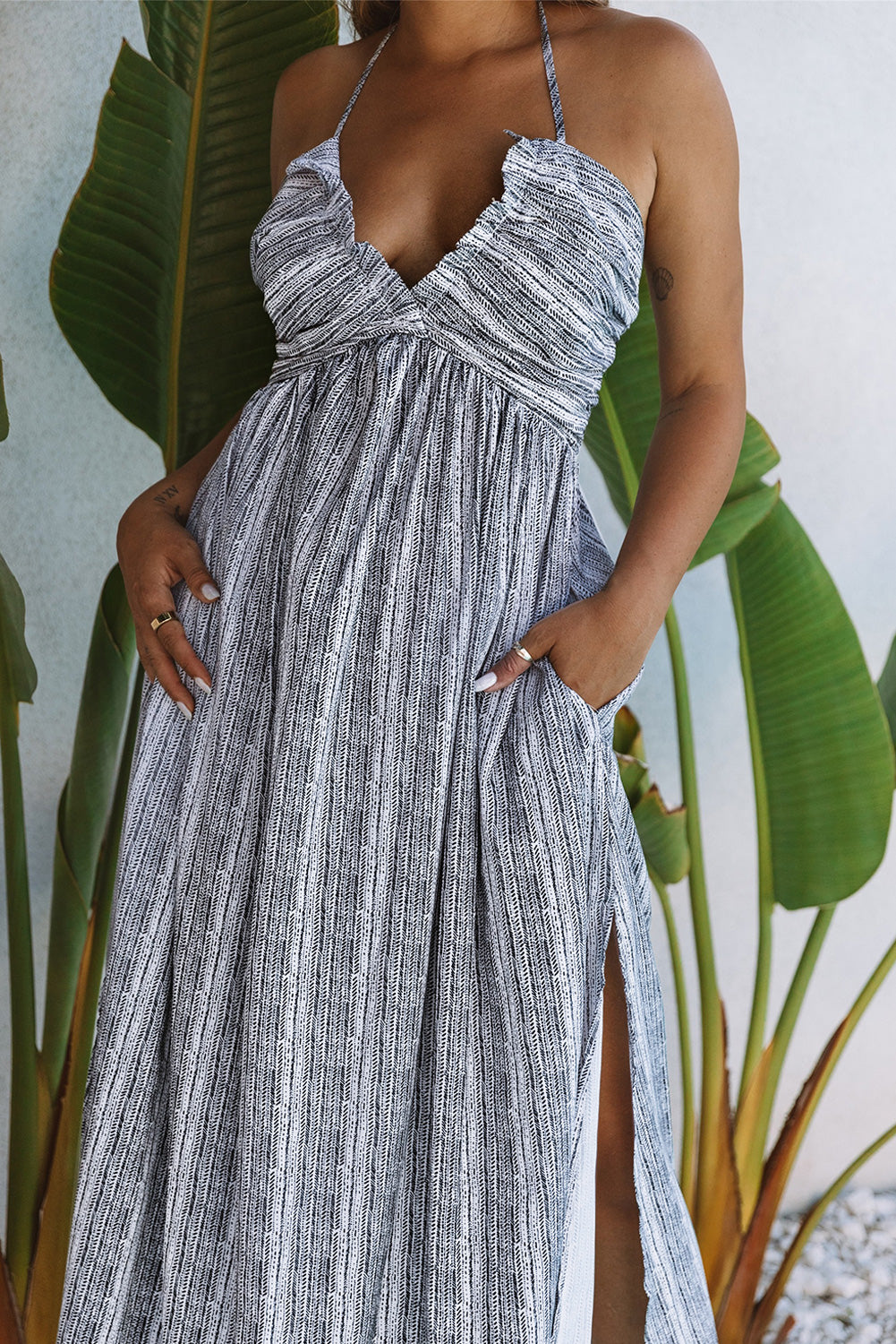 White/Black Pocketed Printed Halter Backless Maxi Dress