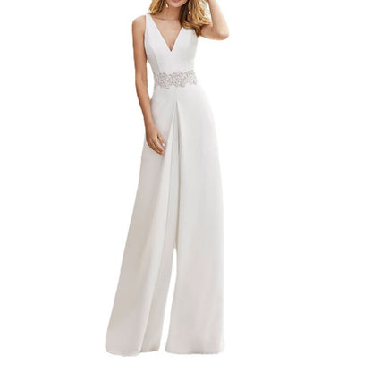 Sleeveless V-Neck Jumpsuit Slim Trousers