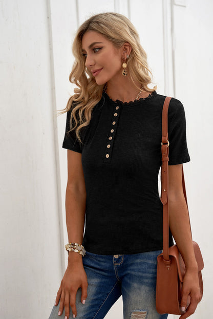 Buttoned Ribbed Knit Short Sleeve Top