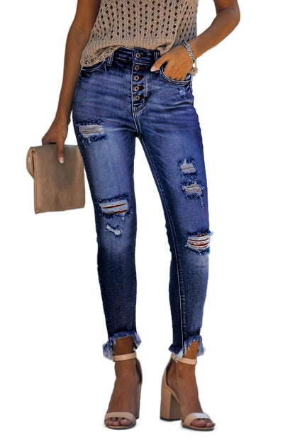 High Rise Button Front Frayed Ankle Skinny Jeans