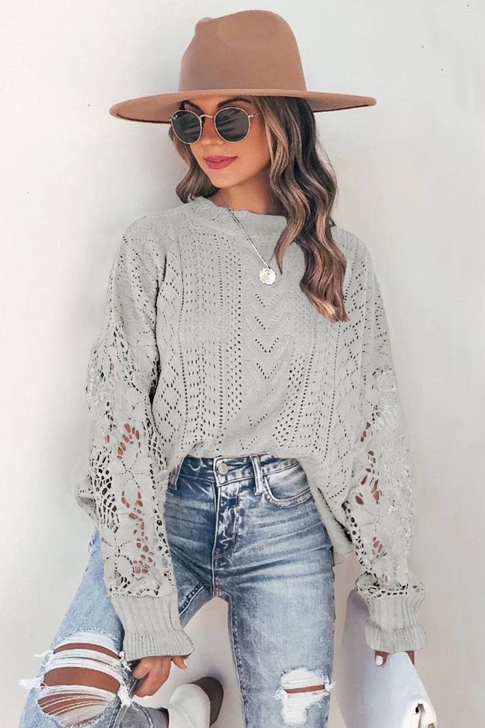 Crochet Lace Pointelle Knit Sweater