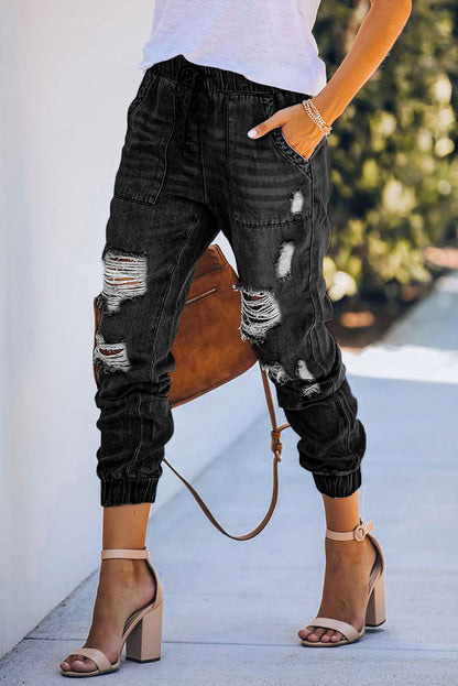 Pocketed Distressed Denim Joggers