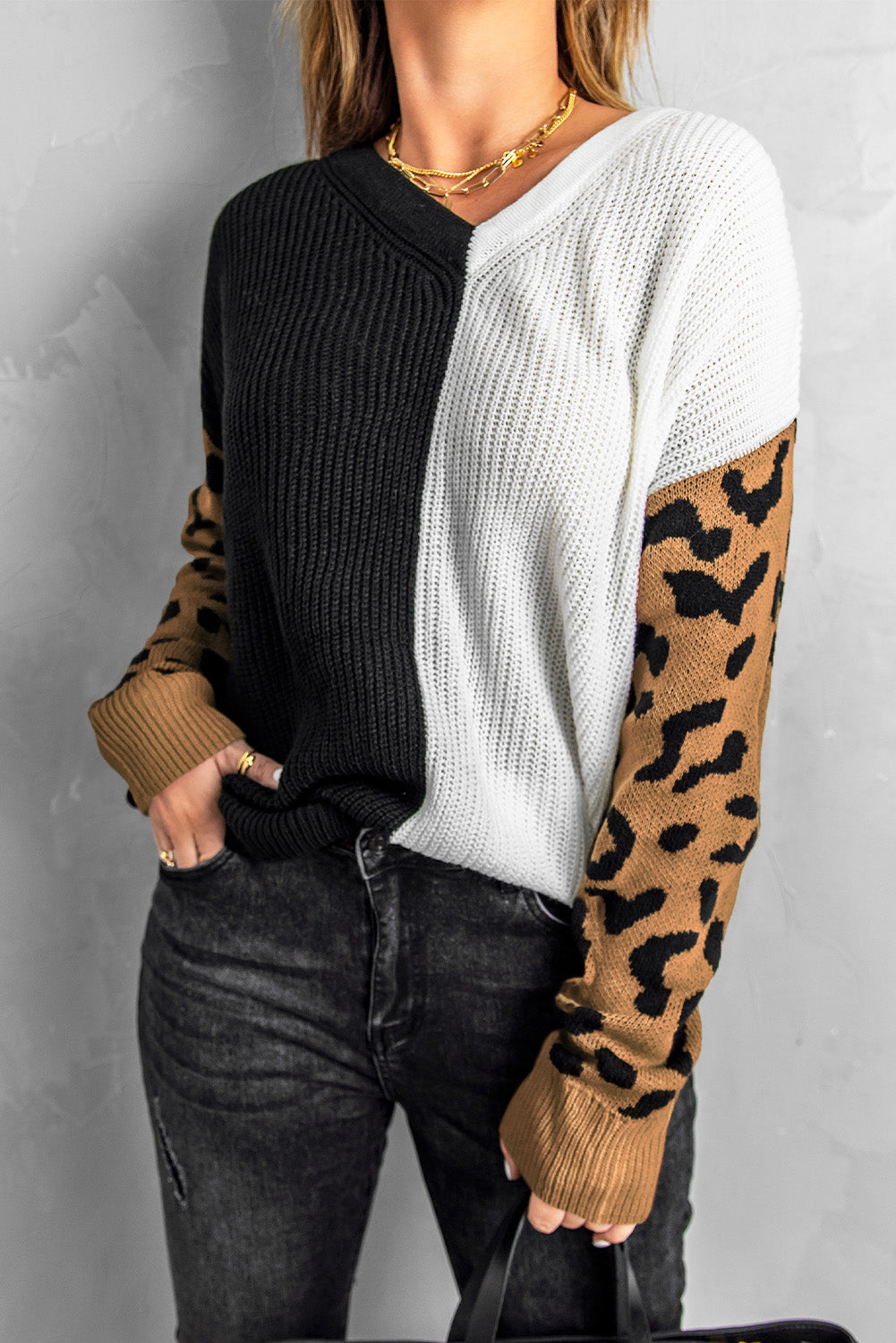 Print Contrast Color V Neck Sweater