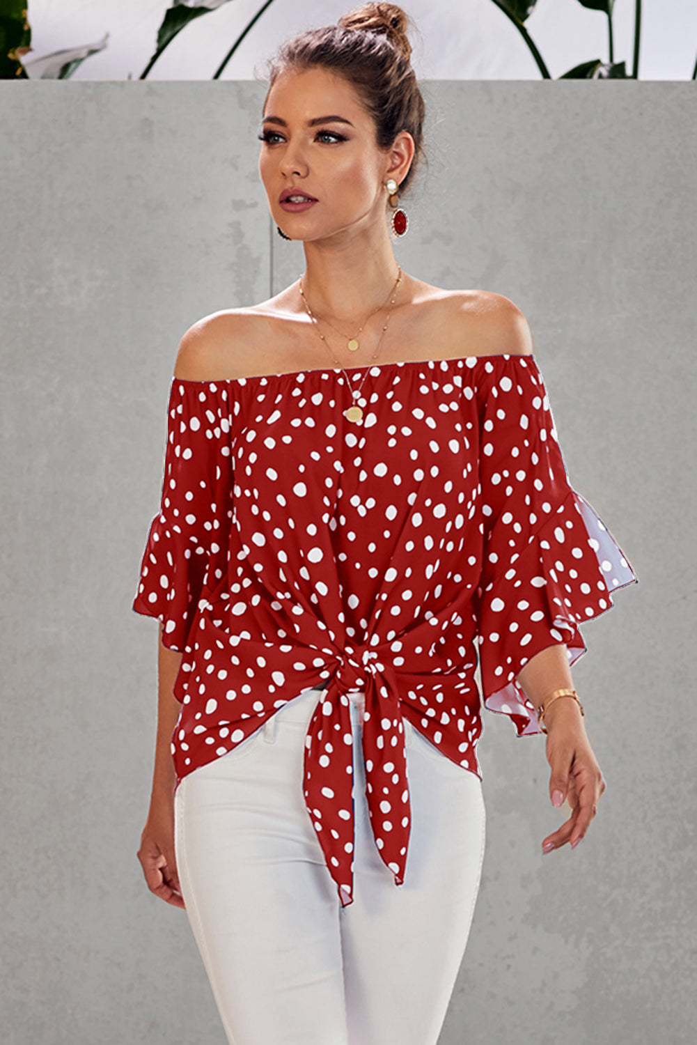 Polka Dot 3/4 Bell Sleeve Off Shoulder Front Tie Knot Top