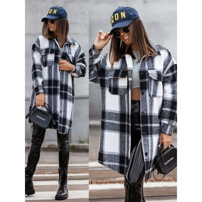 Long Plaid Woollen Printed Coat