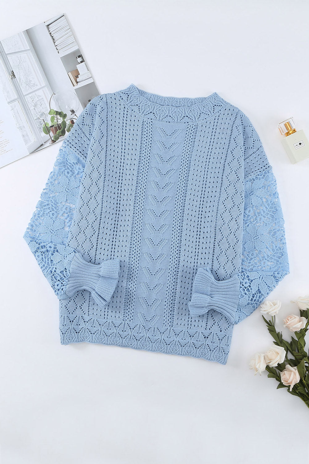 Crochet Lace Pointelle Knit Sweater