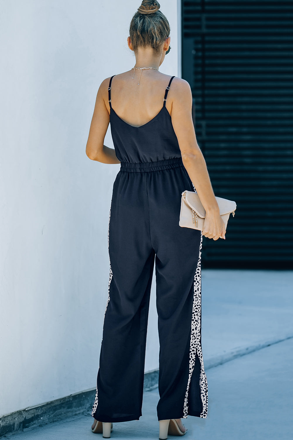 Leopard Patchwork Spaghetti Strap Wide Leg Jumpsuit