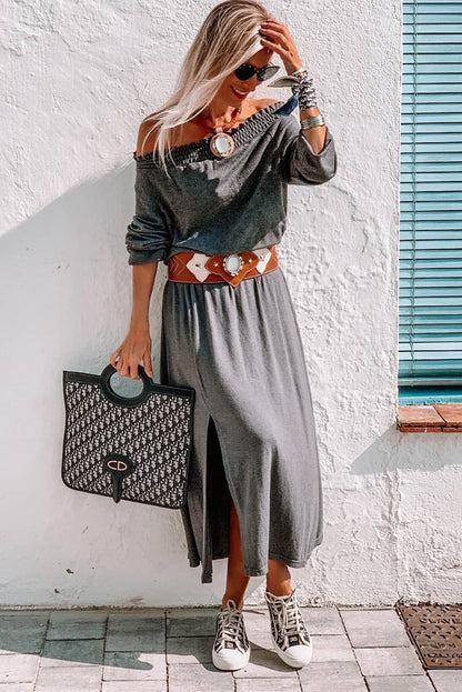 Shirred Off Shoulder Maxi Dress with Split