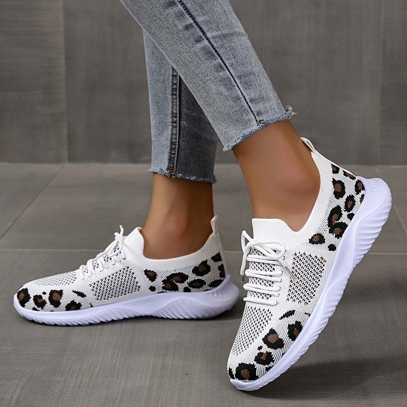 White Leopard Print Lace-up Sneakers