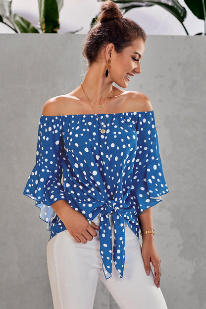 Polka Dot 3/4 Bell Sleeve Off Shoulder Front Tie Knot Top