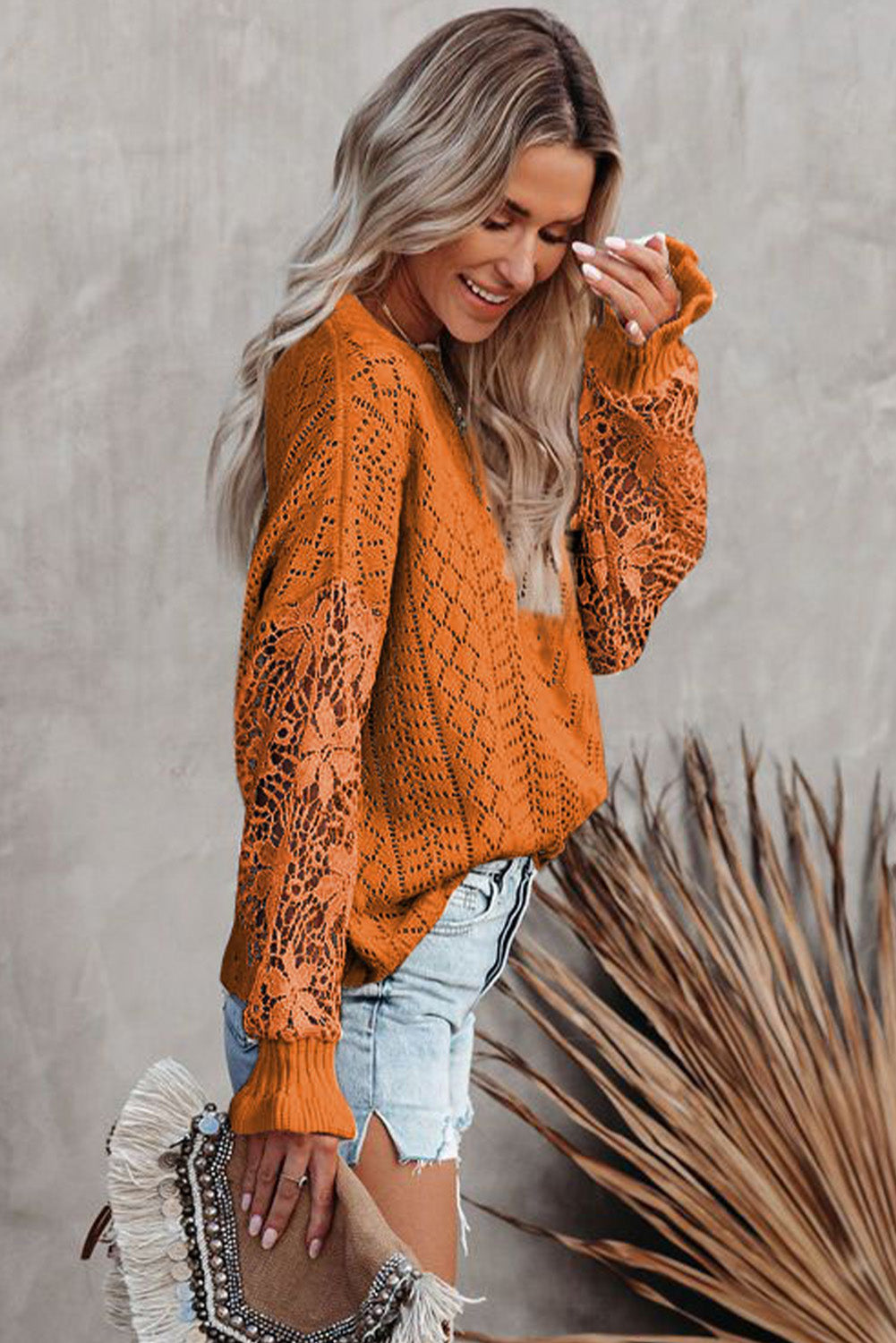 Crochet Lace Pointelle Knit Sweater