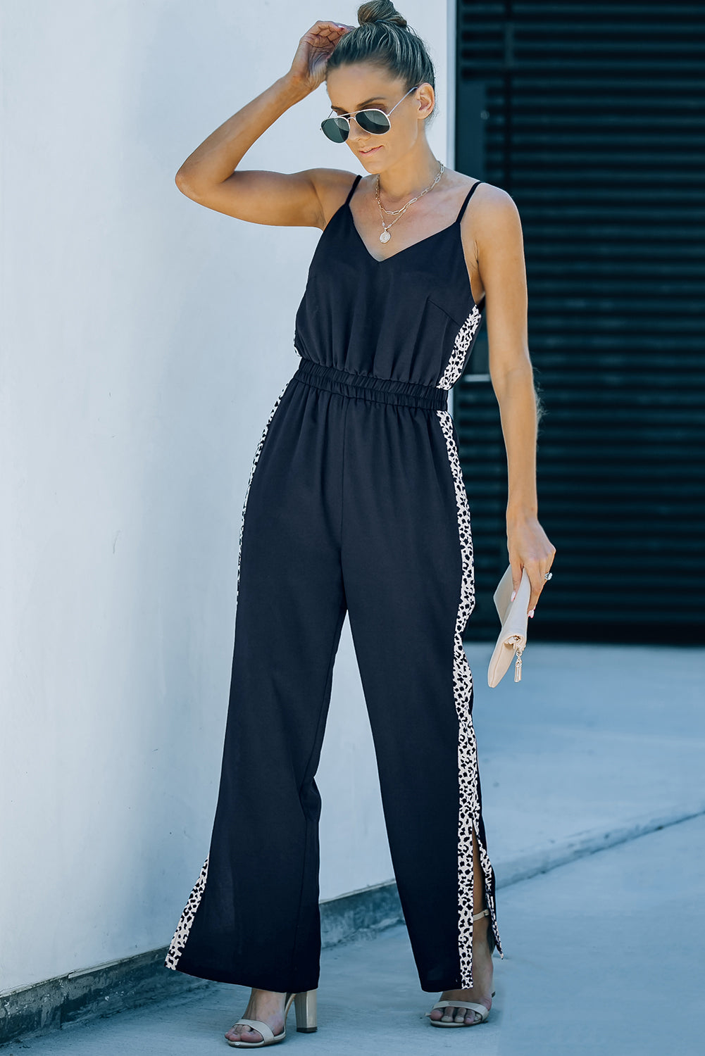 Leopard Patchwork Spaghetti Strap Wide Leg Jumpsuit