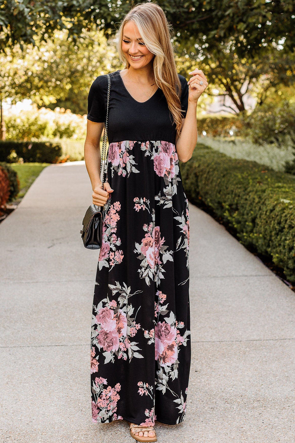 Contrast Floral Empire Waist Maxi Dress