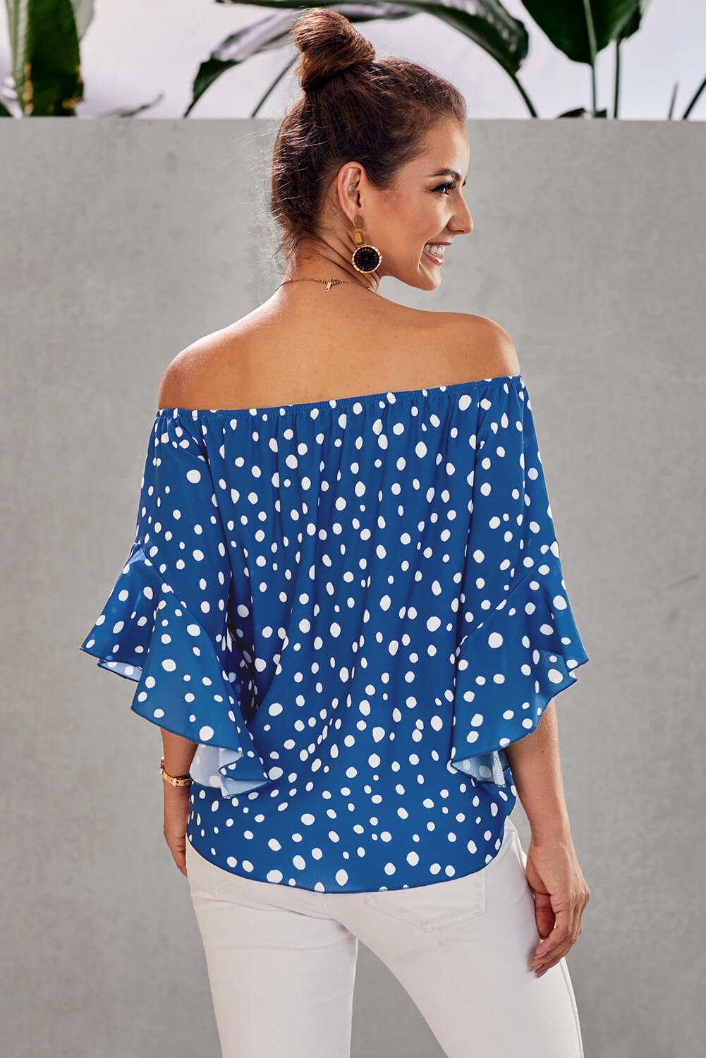 Polka Dot 3/4 Bell Sleeve Off Shoulder Front Tie Knot Top