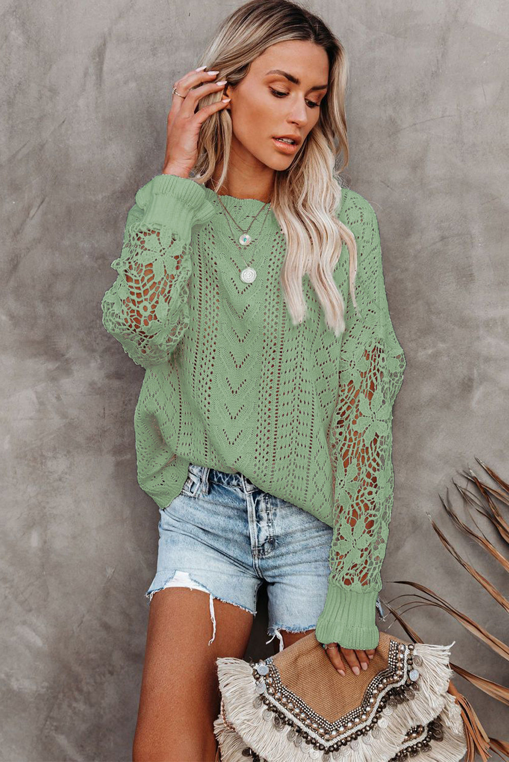 Crochet Lace Pointelle Knit Sweater