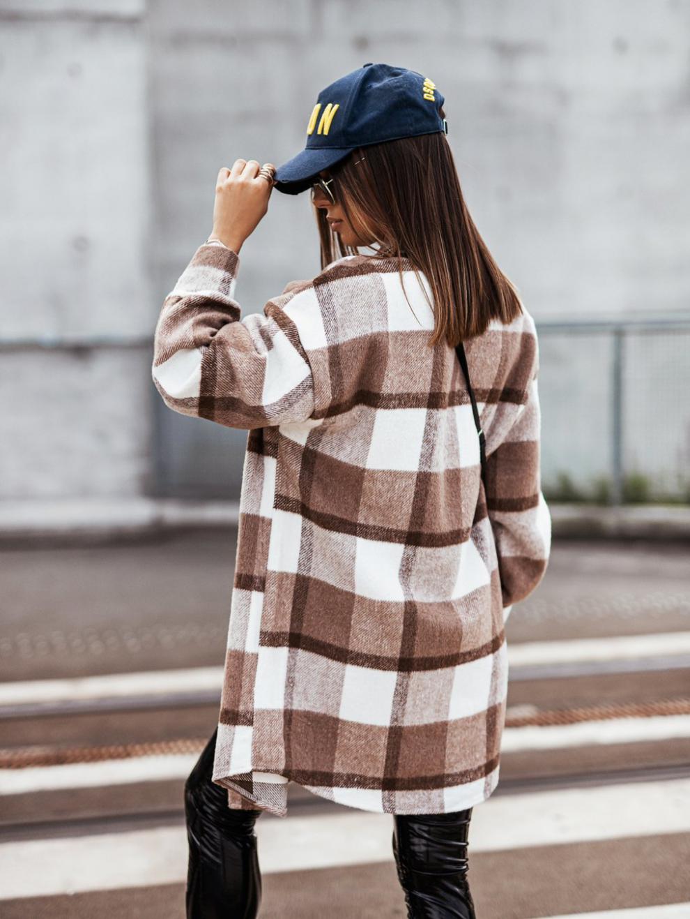 Long Plaid Woollen Printed Coat