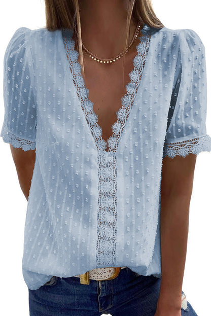 Lace Splicing V-Neck Swiss Dot Short Sleeve Top