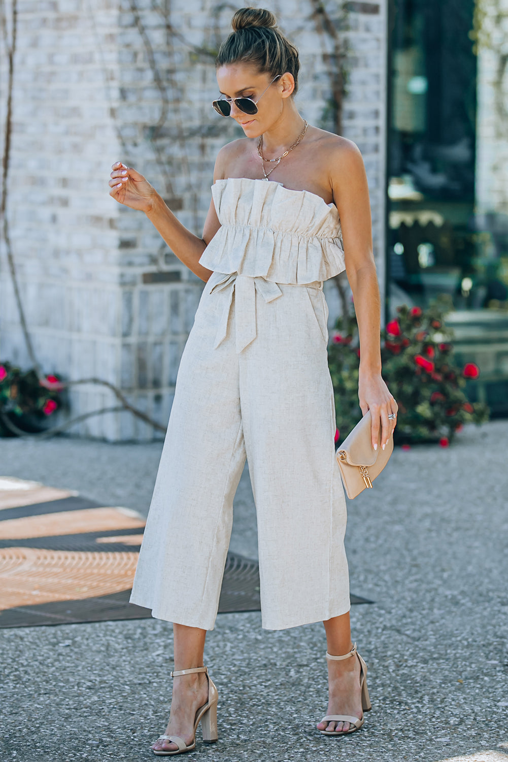 Beige Ruffled Strapless Wide Leg Jumpsuit