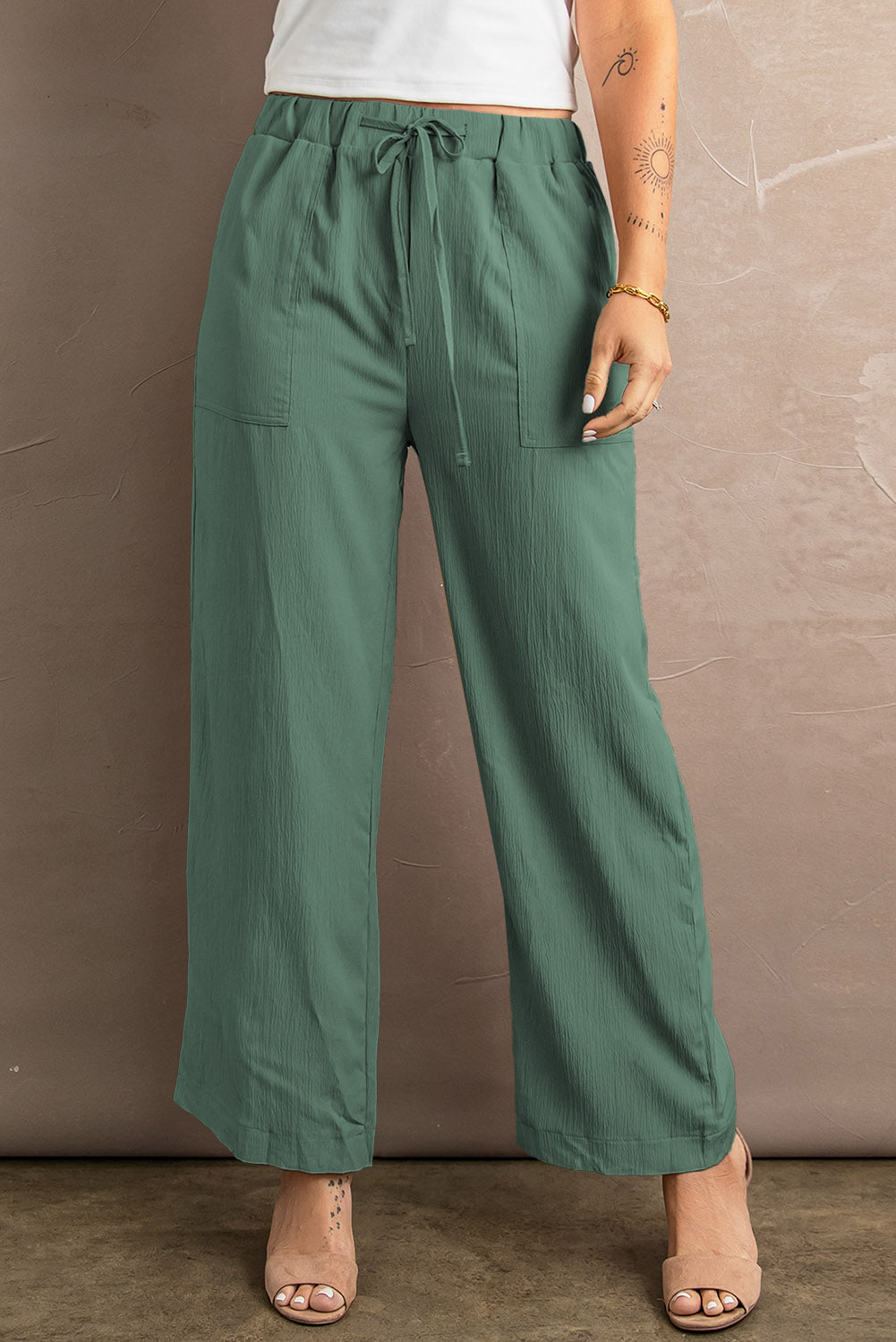 Khaki Drawstring Waist Crinkled Wide Leg Pants