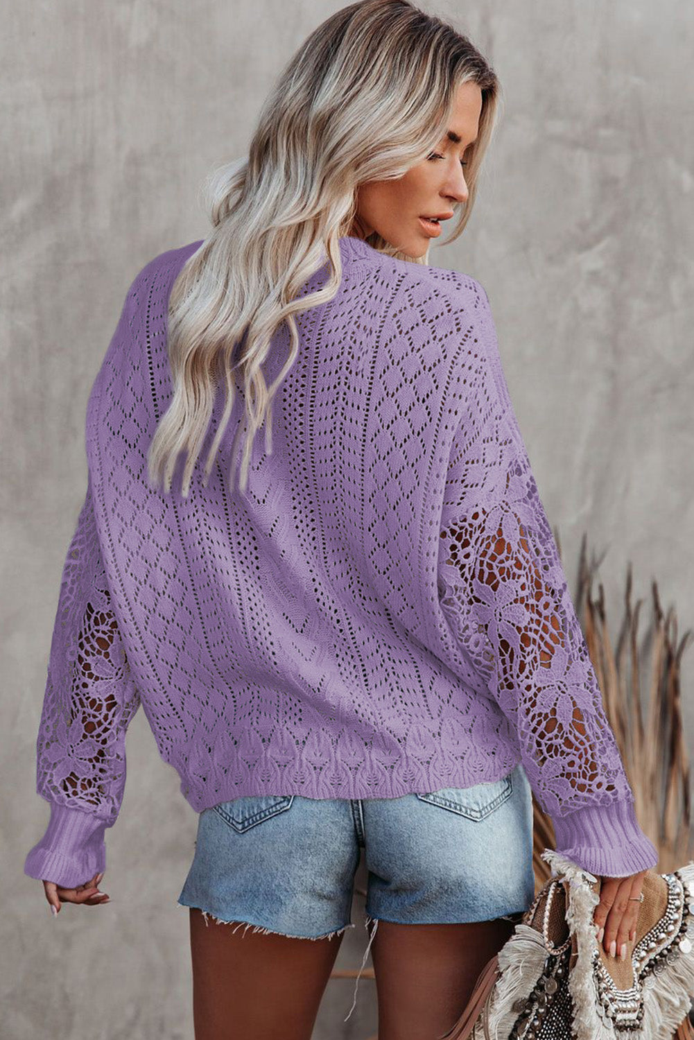 Crochet Lace Pointelle Knit Sweater