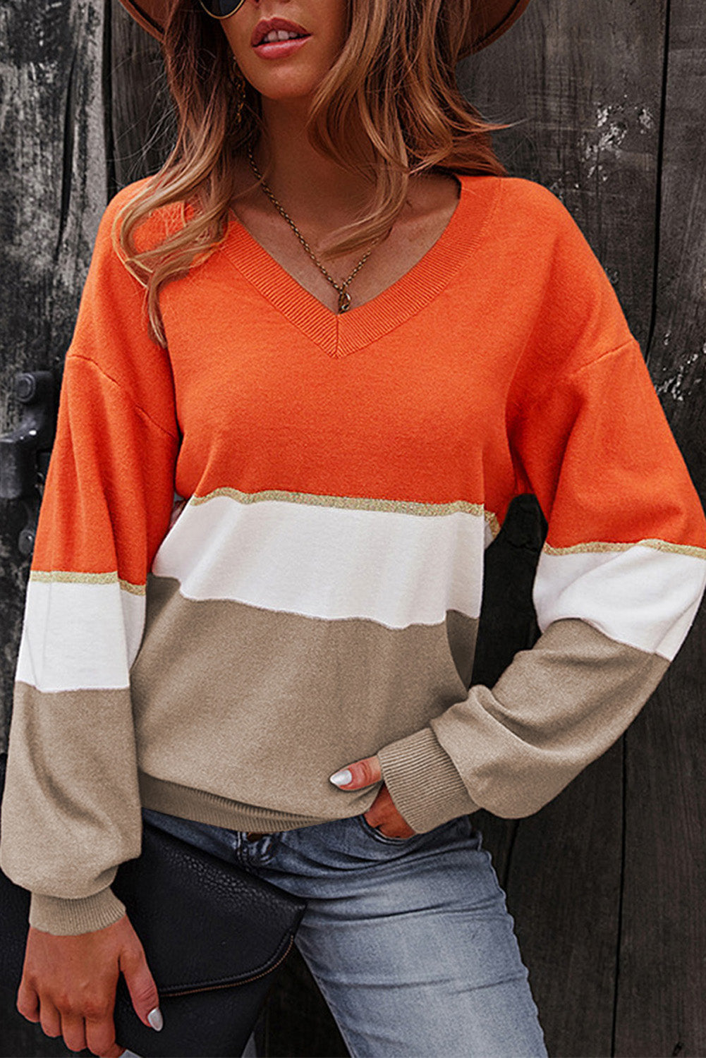 Colorblock V Neck Sweater