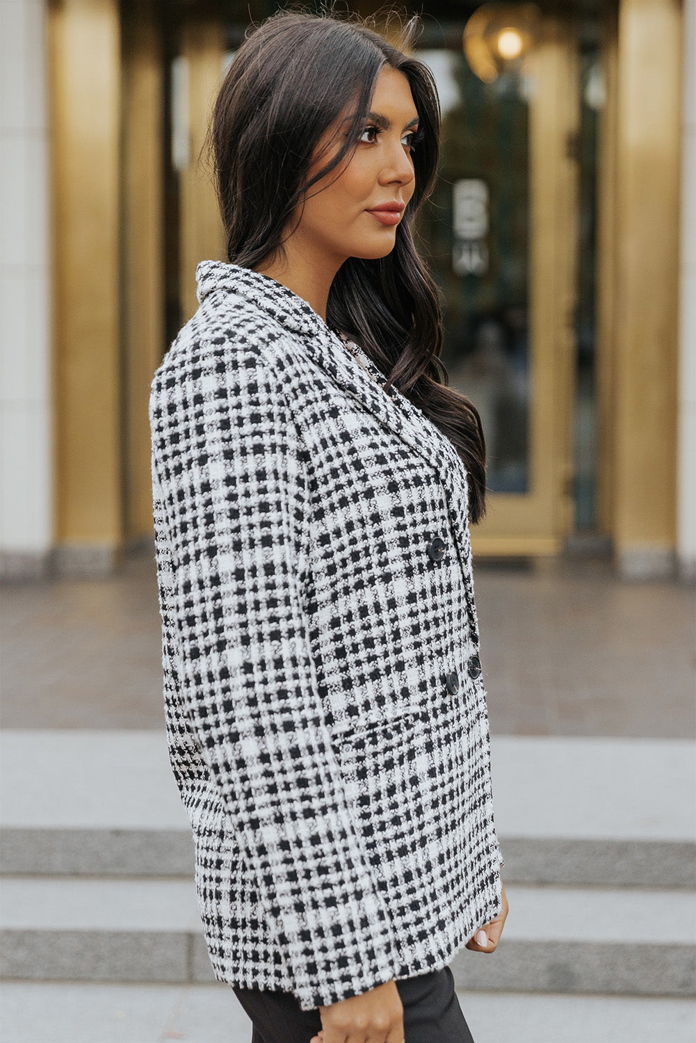 Lapel Collar Buttoned Gingham Tweed Blazer