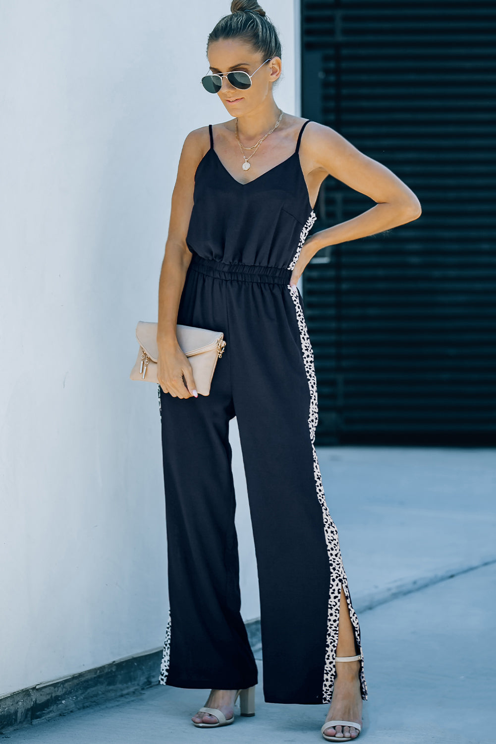 Leopard Patchwork Spaghetti Strap Wide Leg Jumpsuit