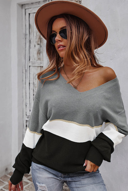 Colorblock V Neck Sweater