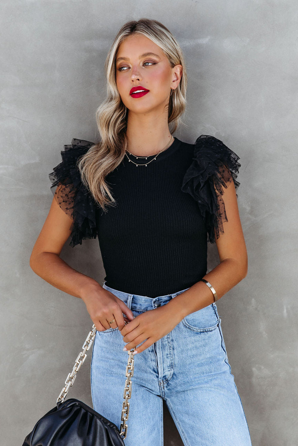 Dotty Mesh Ruffle Sleeve Ribbed Knit Top