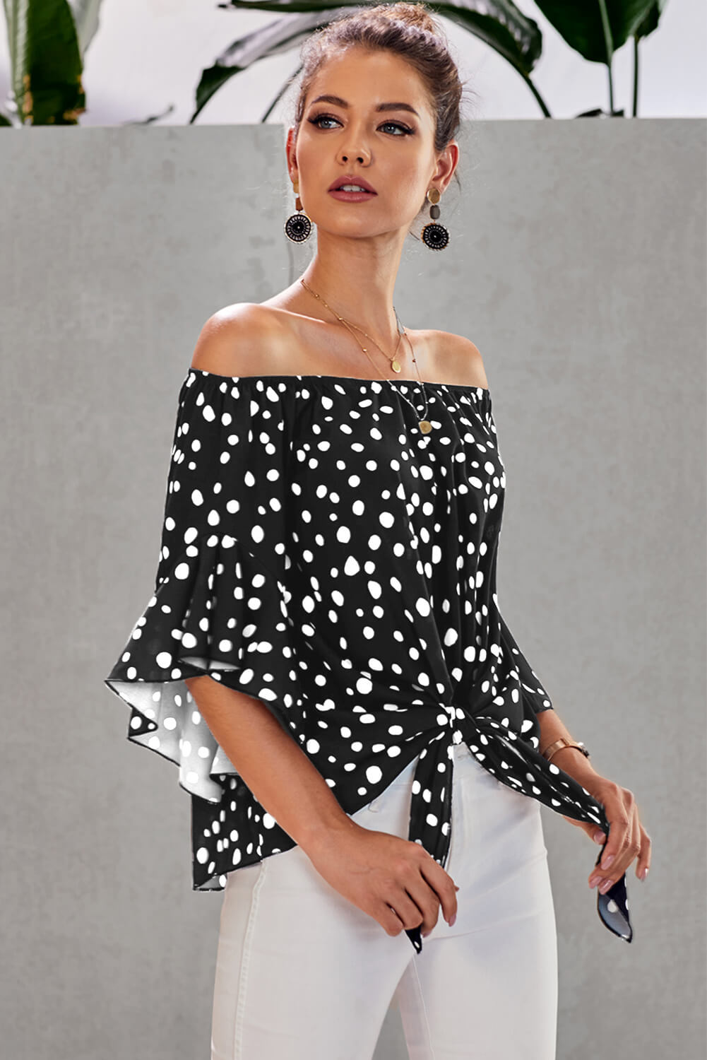 Polka Dot 3/4 Bell Sleeve Off Shoulder Front Tie Knot Top