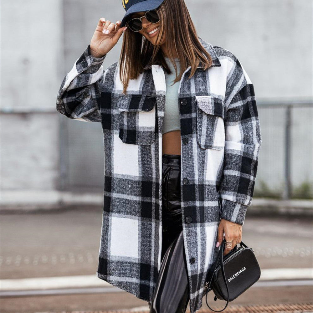 Long Plaid Woollen Printed Coat