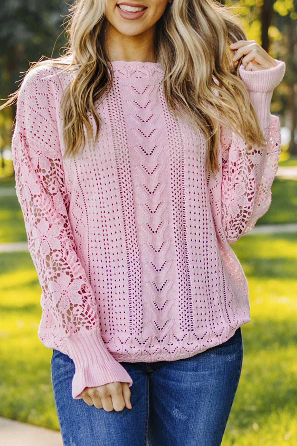 Crochet Lace Pointelle Knit Sweater