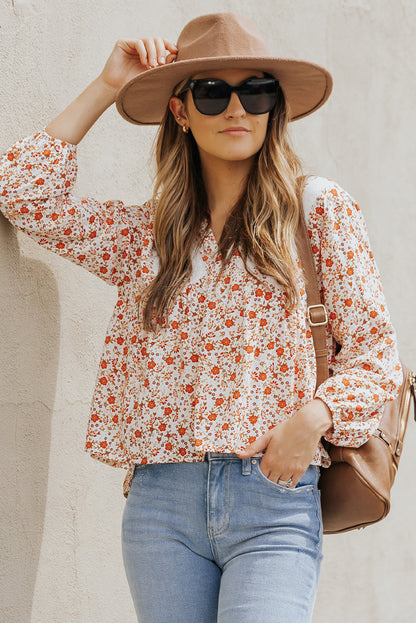 Floral Print Lace Contrast V Neck Blouse