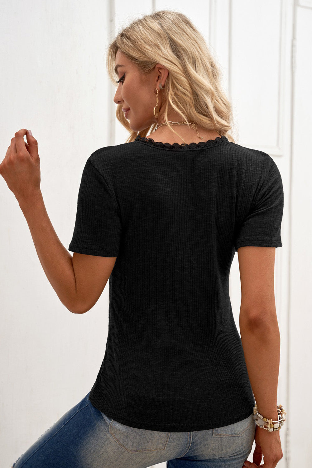 Buttoned Ribbed Knit Short Sleeve Top